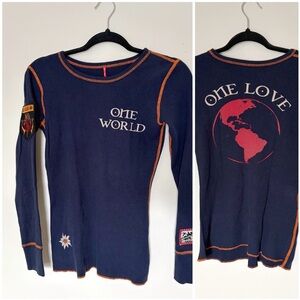 RARE Alp N Rock Two Tone Patchwork “One Love” Henley Thermal Long Sleeve Top